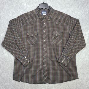 Wrangler Western Long Sleeve Pearl Snap Shirt Mens XXL Brown Plaid Double Pocket
